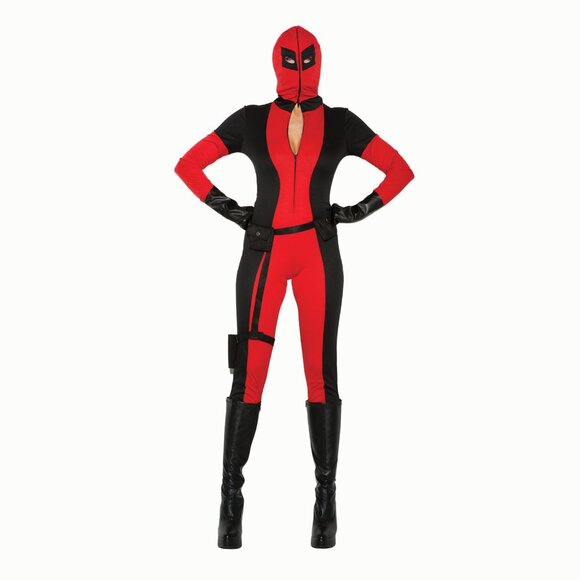 Vigilante Jumpsuit Costume Set Red Black 3pc Ninja Hero Cosplay Hooded - Picture 4 of 7